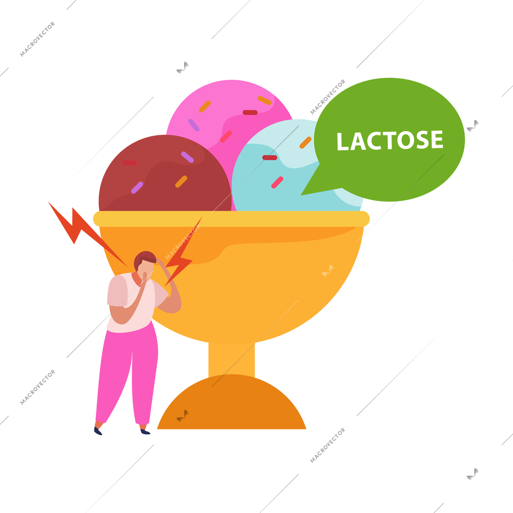 Lactose gluten intolerance diet composition with crying man and icecream with thought bubble vector illustration