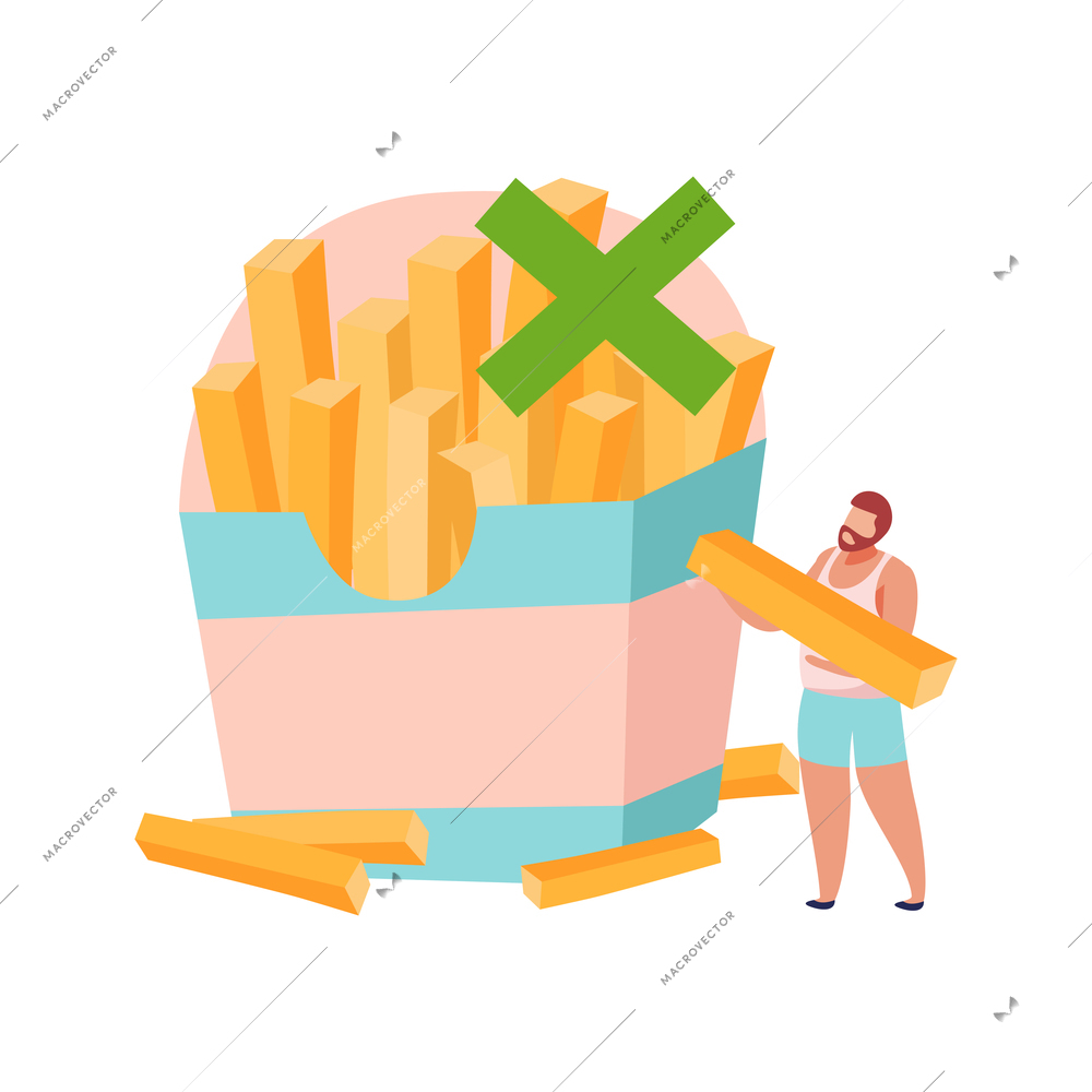 Lactose gluten intolerance diet composition with pack of fries and cross sign with male character vector illustration