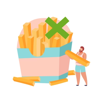 Lactose gluten intolerance diet composition with pack of fries and cross sign with male character vector illustration