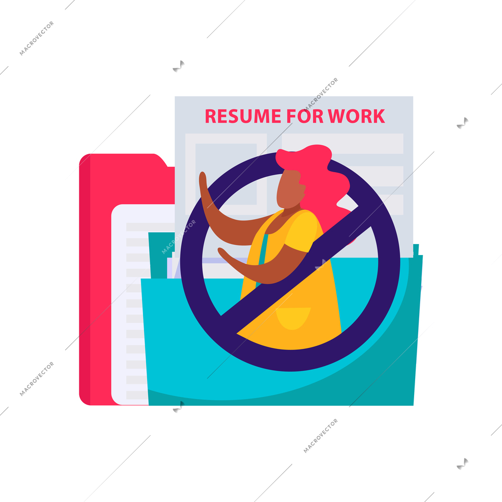 Discrimination flat composition with images of folders and prohibition sign with female character vector illustration
