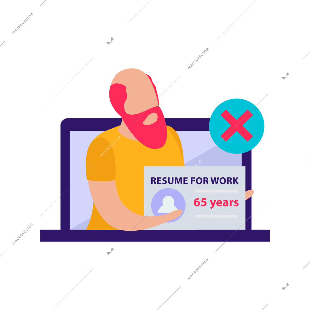 Discrimination flat composition with laptop and character of senior person not allowed to work vector illustration