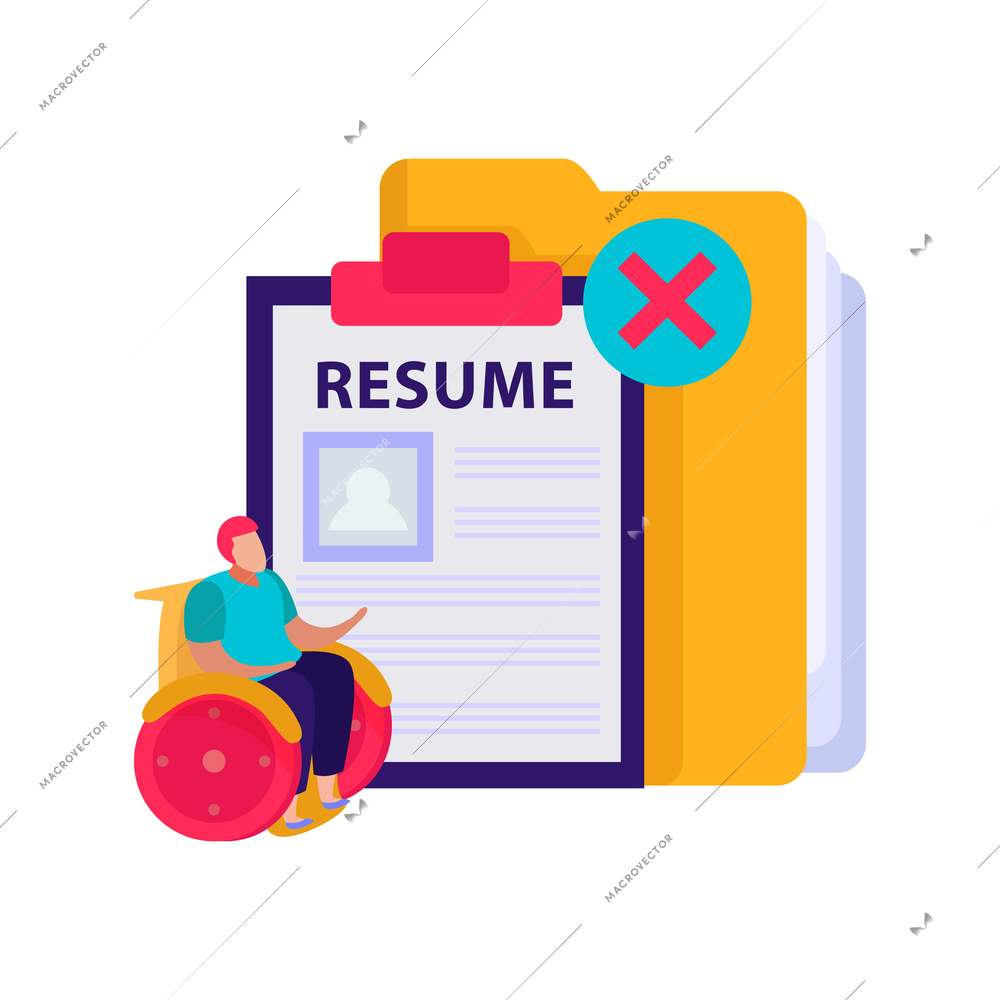 Discrimination flat composition with character of person on wheelchair with rejected resume vector illustration