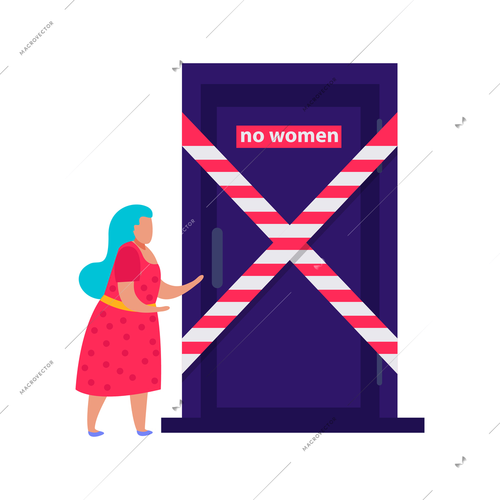 Discrimination flat composition with female character in front of closed door with no entry sign vector illustration