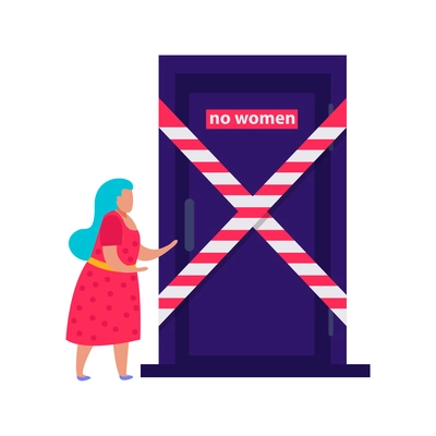 Discrimination flat composition with female character in front of closed door with no entry sign vector illustration