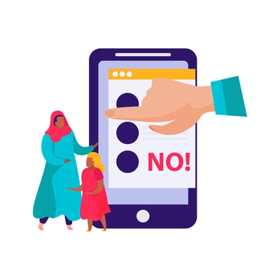 Discrimination flat composition with muslim family and smartphone with rejected offer vector illustration