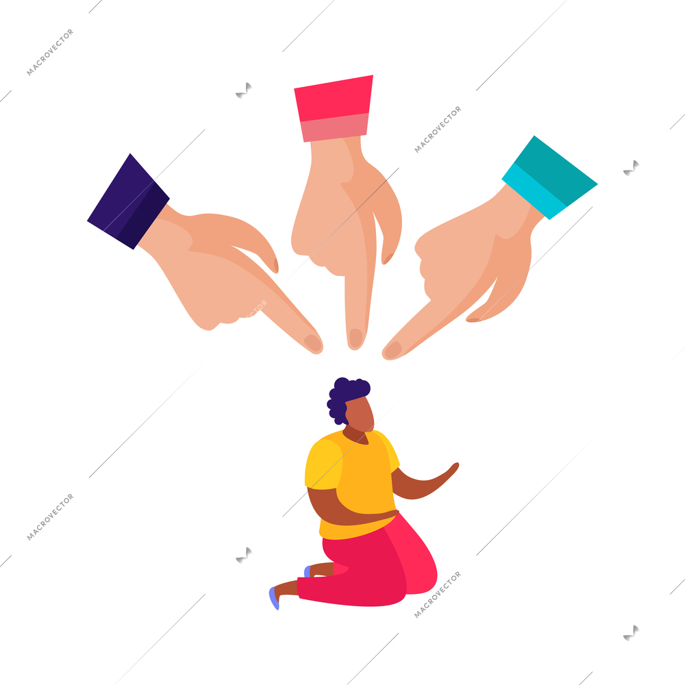 Discrimination flat composition with white hands pointing fingers to black person vector illustration