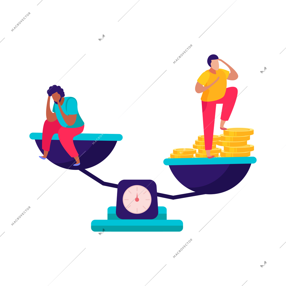 Discrimination flat composition with images of balance with people of color and coins vector illustration