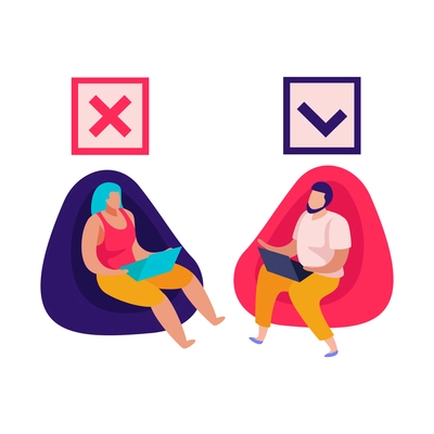 Discrimination flat composition with man and woman sitting on soft chairs with approval icons vector illustration