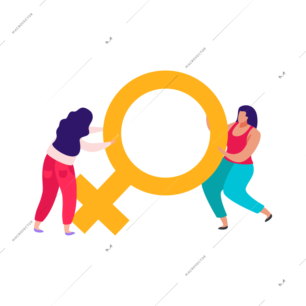 Discrimination flat composition with characters of women holding feminine sign vector illustration