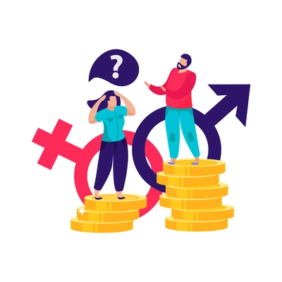 Discrimination flat composition with characters of man and woman standing on piles of coins vector illustration