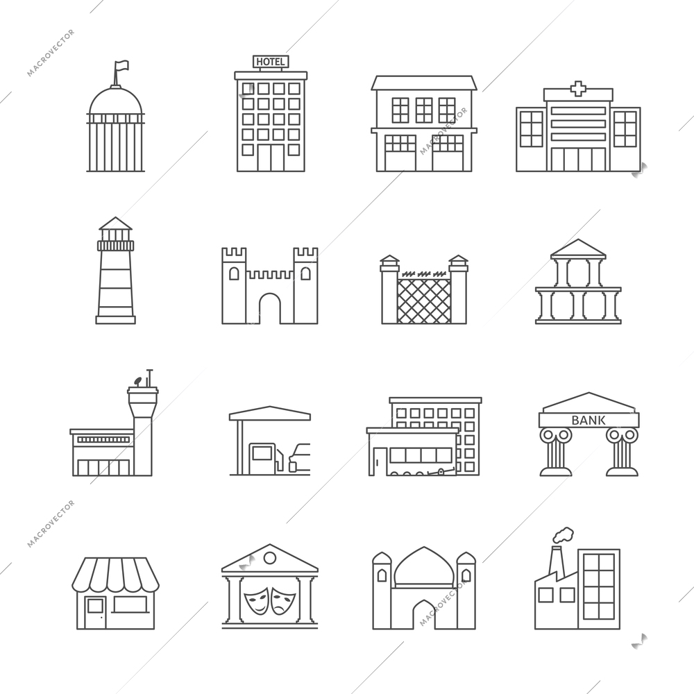 Government building icons outline set of hospital prison airport isolated vector illustration