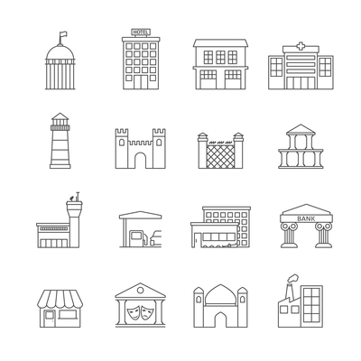 Government building icons outline set of hospital prison airport isolated vector illustration