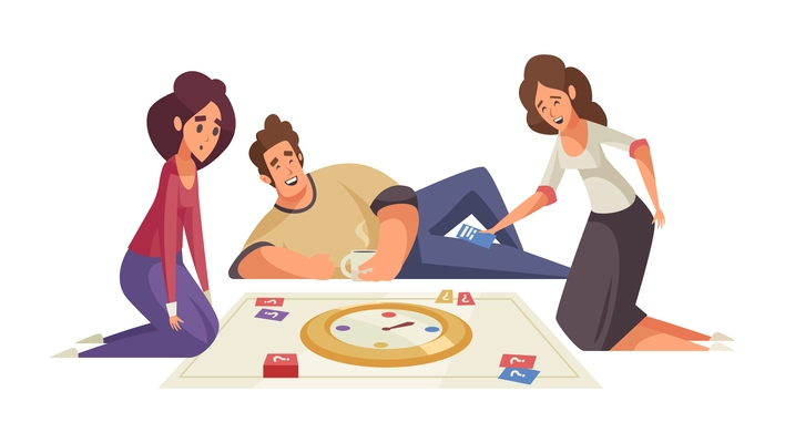 People board games composition with group of human characters playing roulette quiz on floor vector illustration