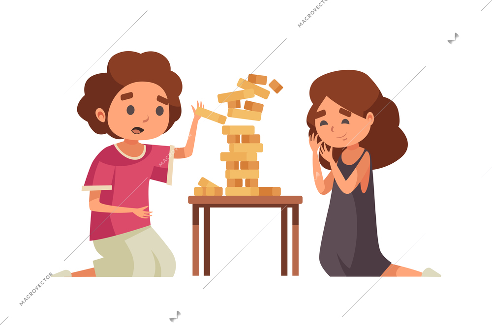 People board games composition with pair of kids doodle characters playing tower brick game vector illustration