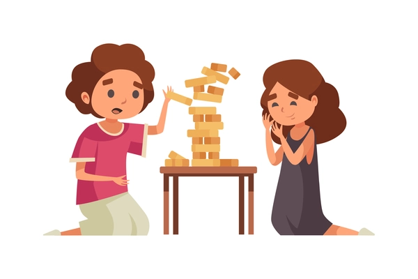 People board games composition with pair of kids doodle characters playing tower brick game vector illustration