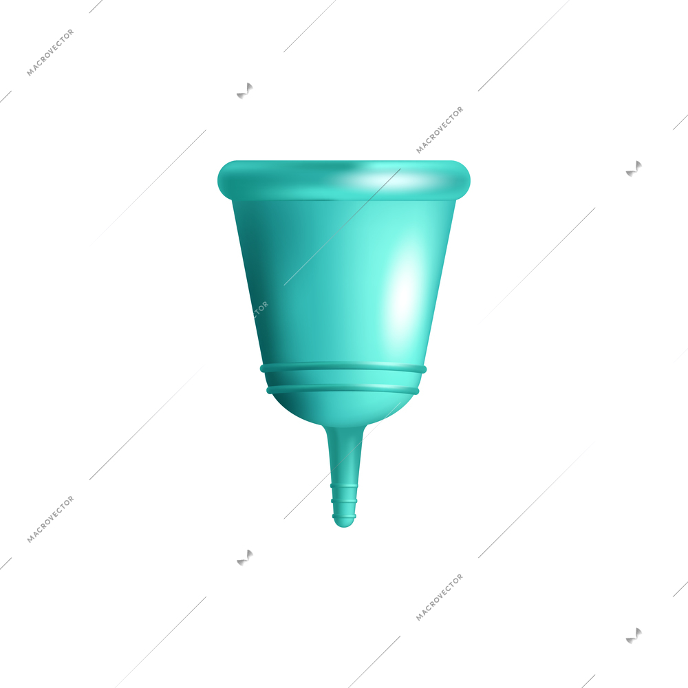 Realistic feminine hygiene composition with view of green menstrual cap made of rubber vector illustration