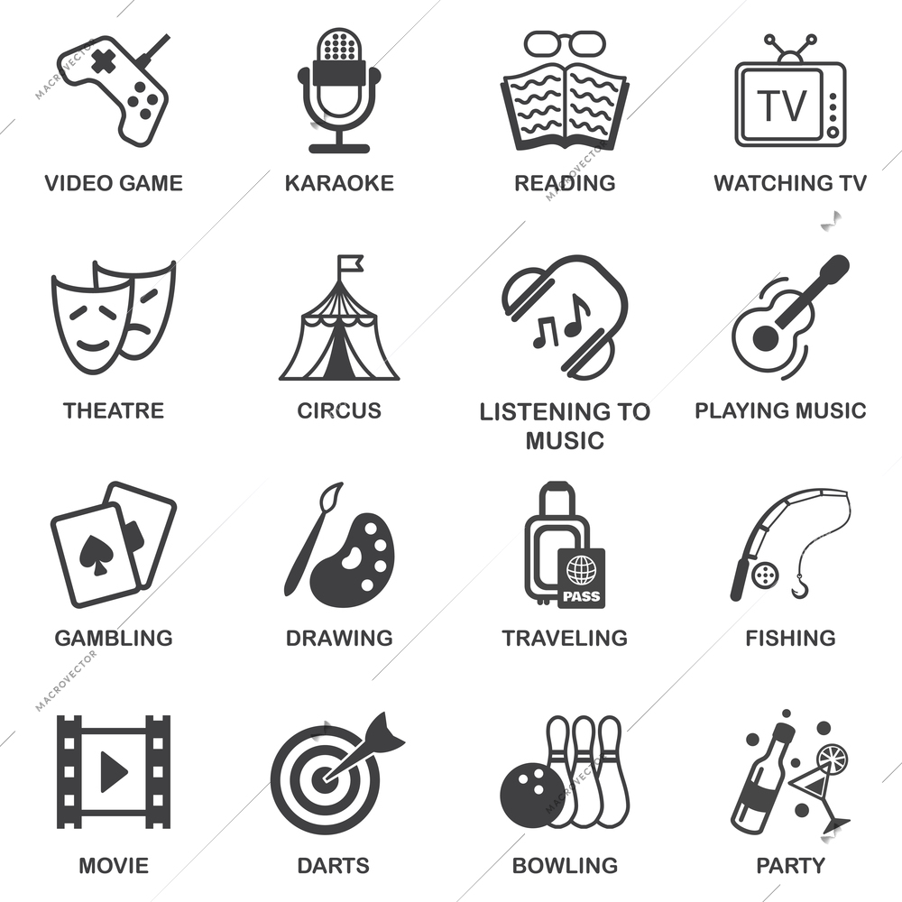 Entertainment celebration and amusement events black icons set isolated vector illustration