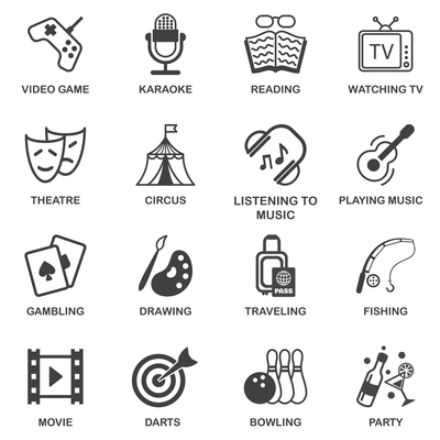 Entertainment celebration and amusement events black icons set isolated vector illustration