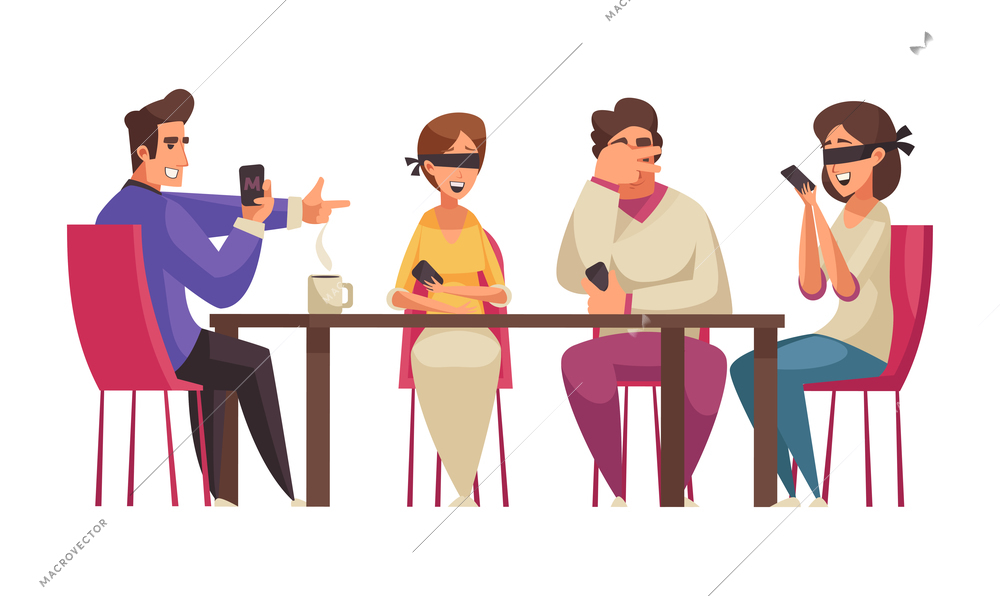 People board games composition with group of adult friends sitting at table with blind eyes vector illustration