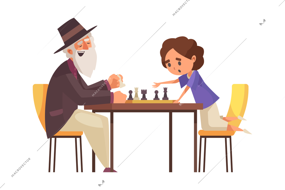 People board games composition with characters of little girl and elder man playing chess vector illustration