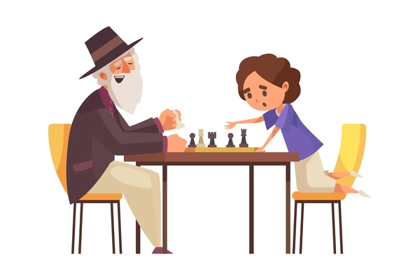 People board games composition with characters of little girl and elder man playing chess vector illustration