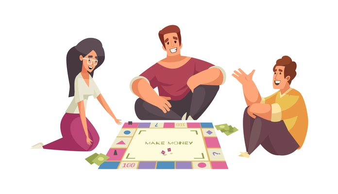 People board games composition with view of sitting friends with flat monopoly style game cards and money vector illustration