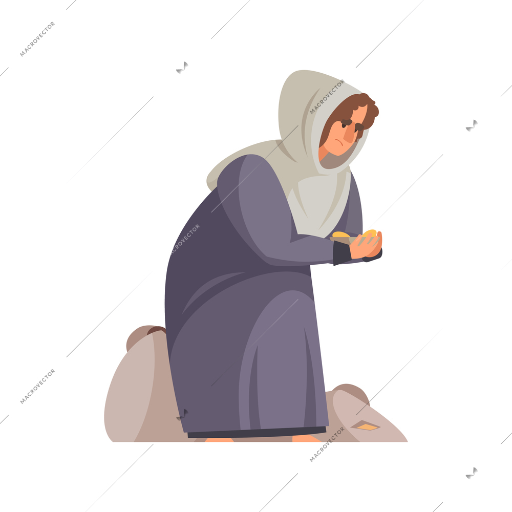 Icon with poor medieval peasant on knees cartoon vector illustration