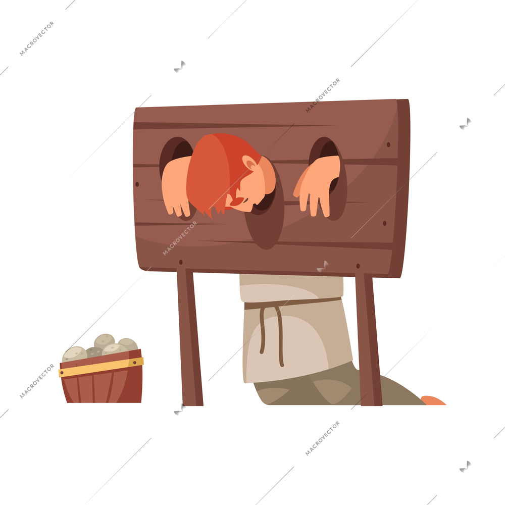 Medieval person in wooden stocks on white background cartoon vector illustration