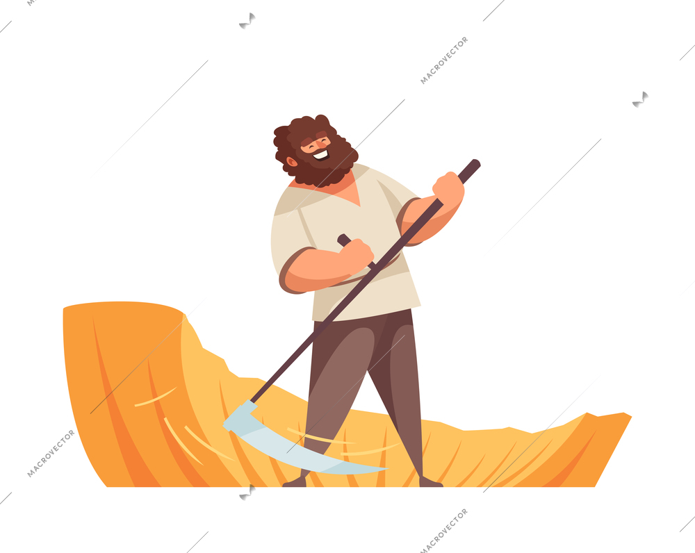 Cartoon medieval man wielding with scythe in field vector illustration