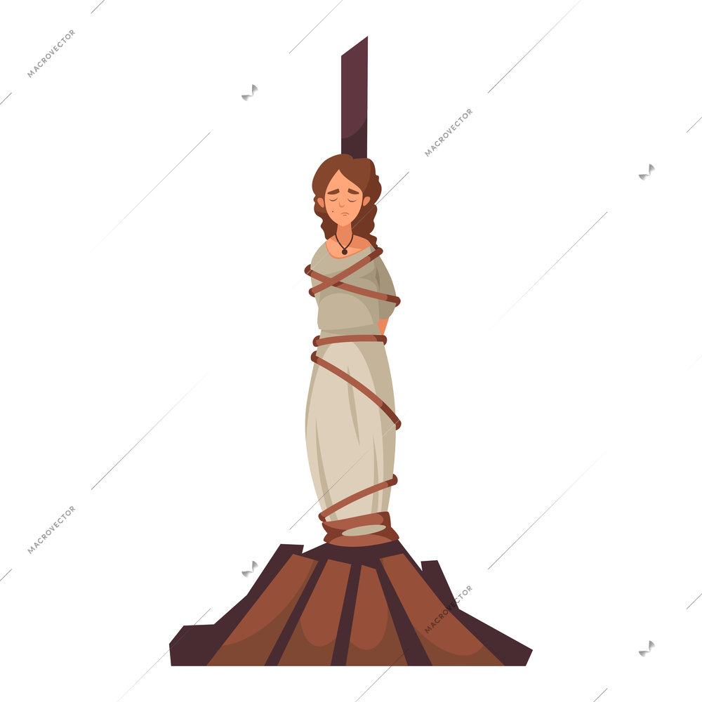 Cartoon medieval woman before burning at stake vector illustration