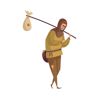 Poor medieval man wandering with fardel on white background cartoon vector illustration