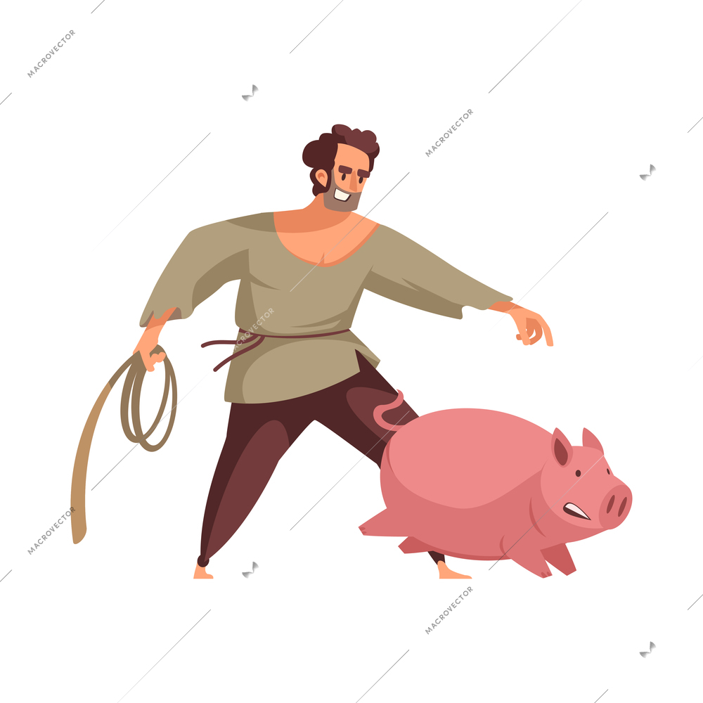 Cartoon medieval farmer running after pig on white background vector illustration