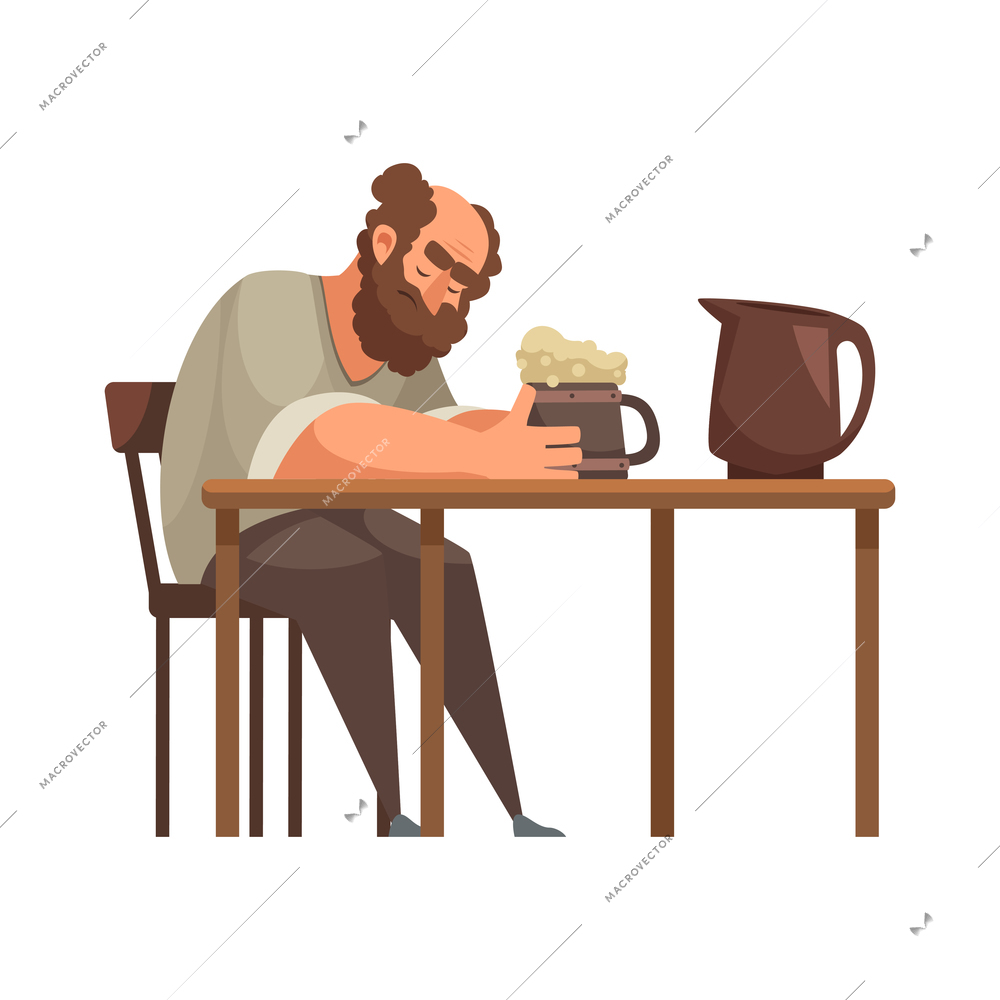 Cartoon medieval man drinking beer in pub vector illustration