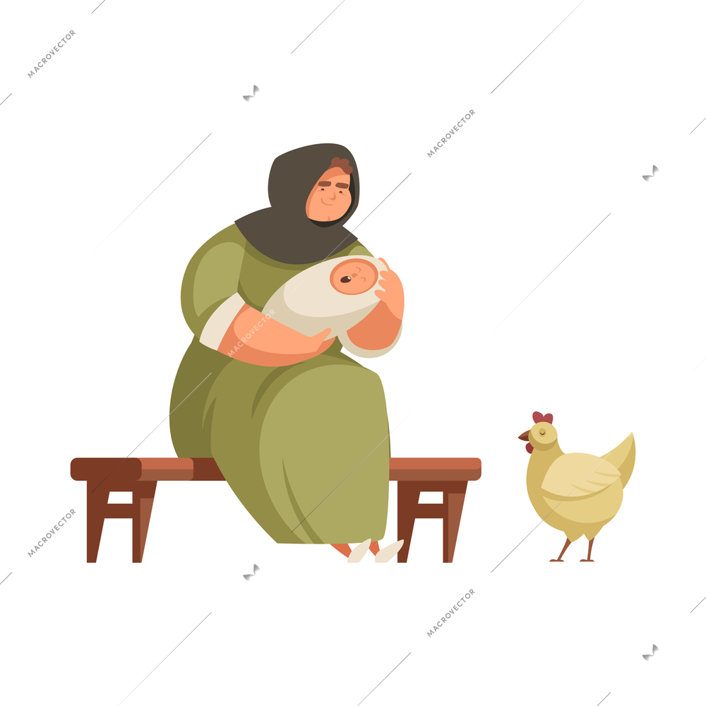 Medieval people cartoon icon with peasant woman with baby and hen vector illustration