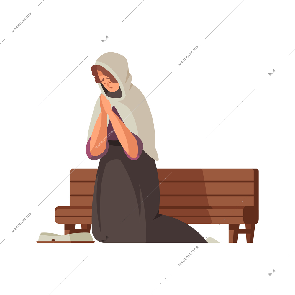 Poor medieval woman on her knees cartoon vector illustration