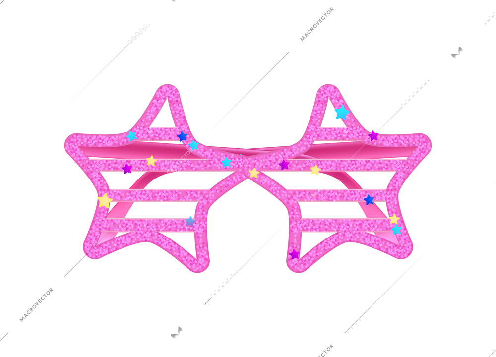 Pink girls sunglasses in shape of stars on white background realistic vector illustration