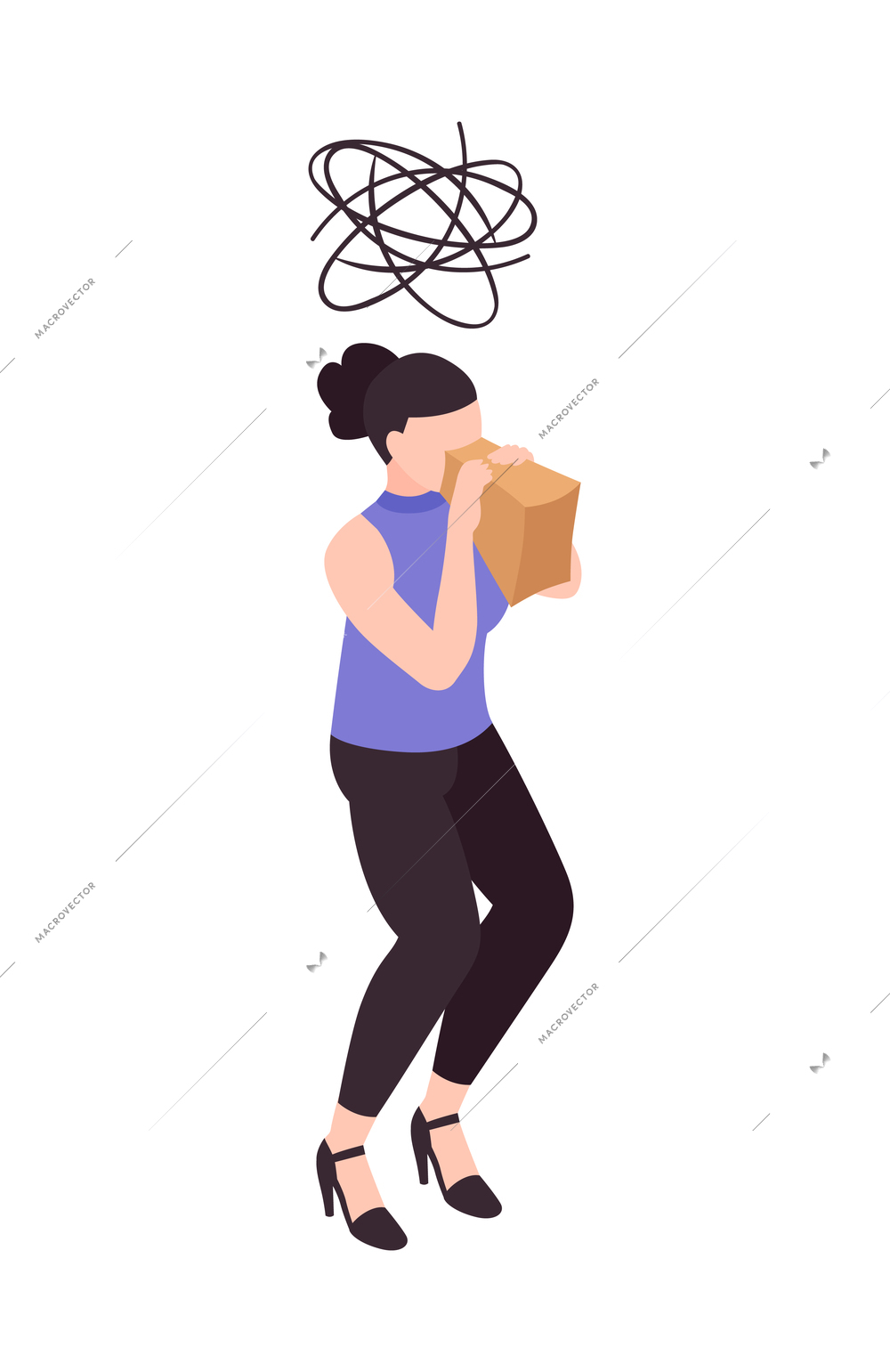 Woman with paper bag trying to calm down after panic attack 3d isometric vector illustration