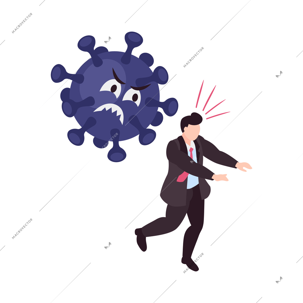 Scared man with panic attack running away from virus icon 3d isometric vector illustration