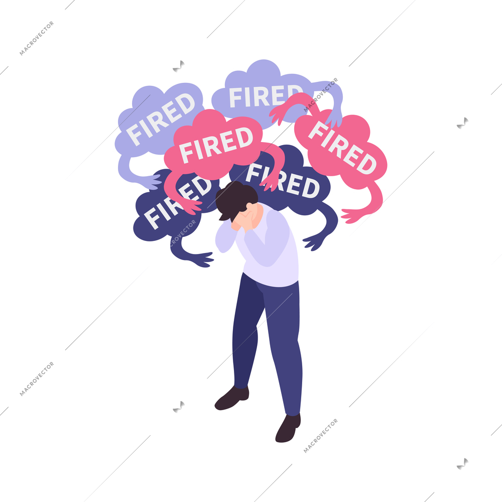 Fired man suffering from panic attack 3d isometric vector illustration