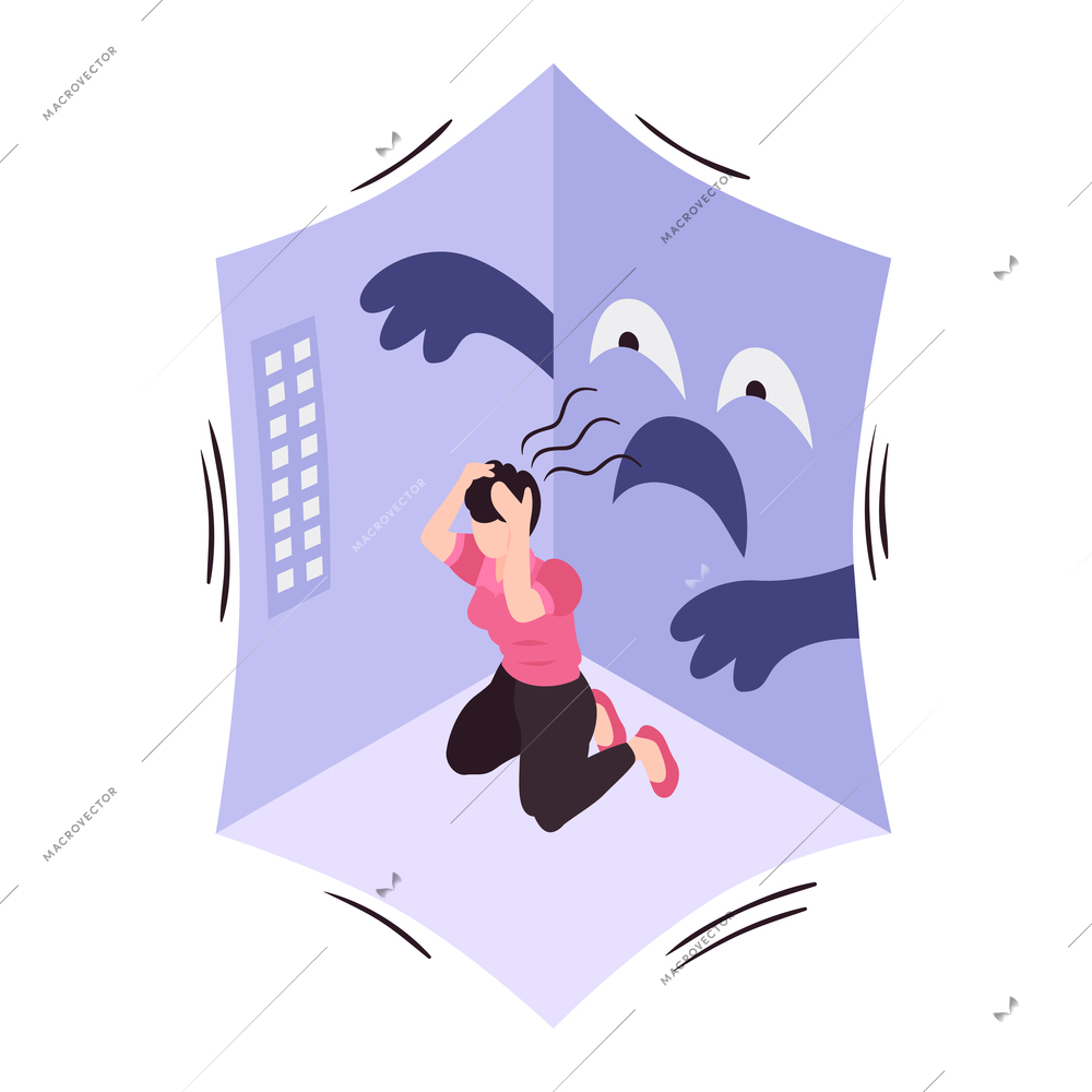 Isometric concept with woman suffering from panic attack in empty room 3d vector illustration