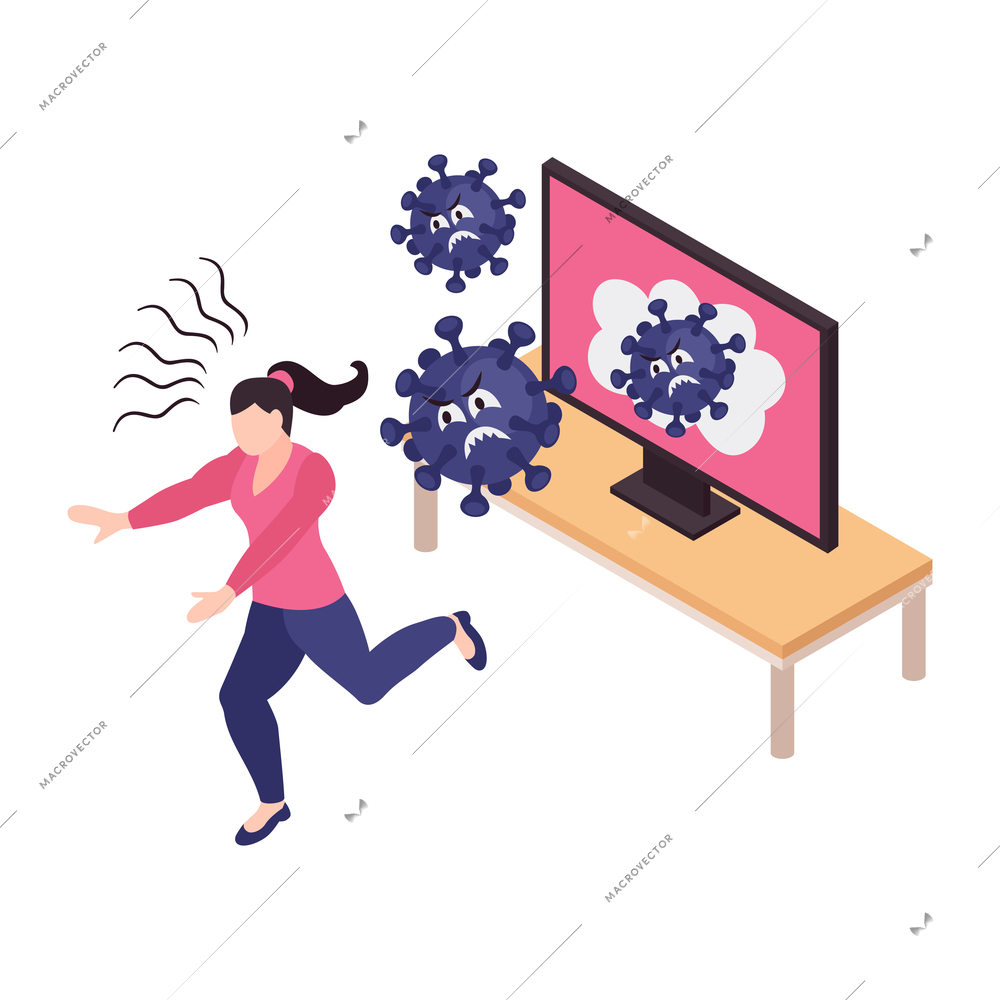 Frightened with viruses woman with panic attack running away from tv set 3d isometric vector illustration