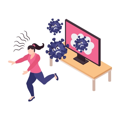 Frightened with viruses woman with panic attack running away from tv set 3d isometric vector illustration