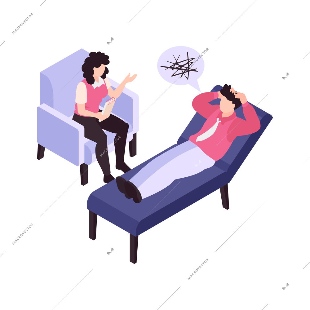 Person with panic attack has consultation with psychologist 3d isometric vector illustration