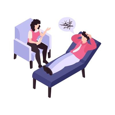 Person with panic attack has consultation with psychologist 3d isometric vector illustration