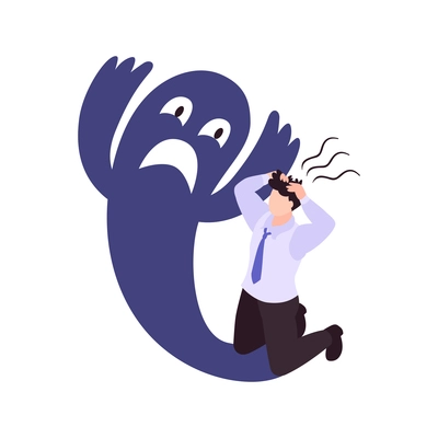 Anxious man with panic attack and ghost 3d isometric vector illustration