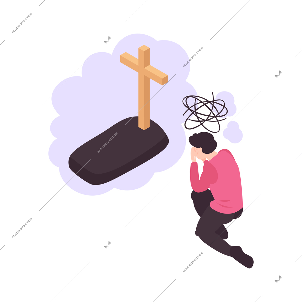 Panic attack 3d isometric concept with depressed man and grave vector illustration