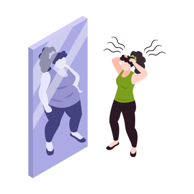 Woman with panic attack in front of mirror 3d isometric concept vector illustration