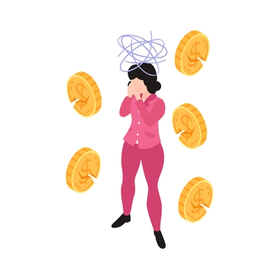 Isometric woman character with panic attack and cracked coins 3d vector illustration