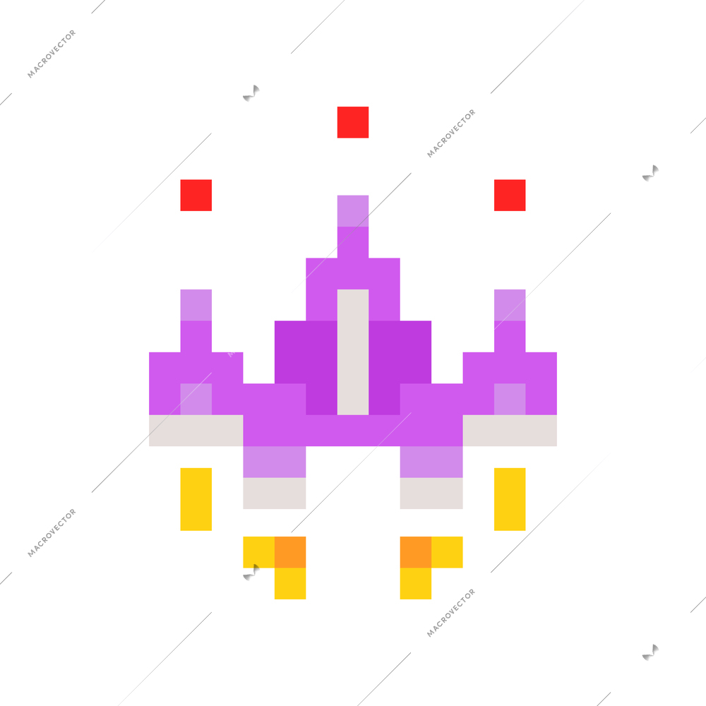 Old pixel arcade game spaceship character on white background flat vector illustration