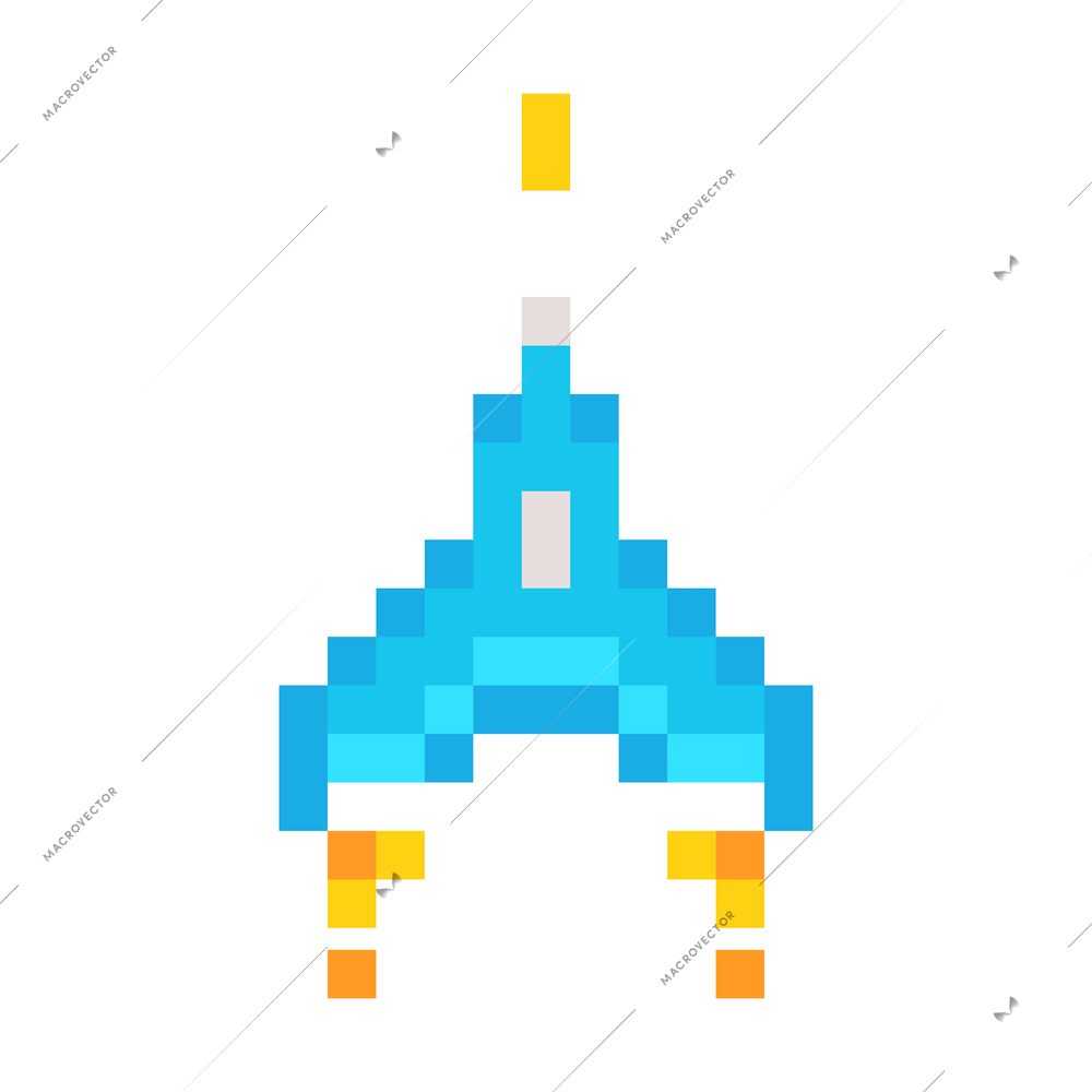 Old 8 bit pixel computer game spaceship in blue yellow and white color flat vector illustration